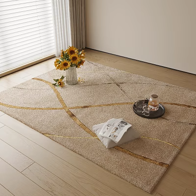 Beige Square Area Rug With Gold Lines Tray Cup And Magazine On Wooden Floor 3d model