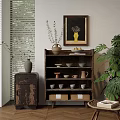 Natural Style Decorative Cabinet Interior With Framed Painting Green Plants And Ceramic Bowls