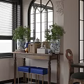 Wooden Console Table With Green Plants Decorative Vases And Wicker Baskets In Entryway