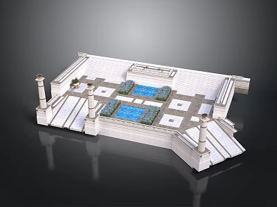 Elegant Architectural Courtyard Design With Stone Pools Columns And Steps Layout 3d model