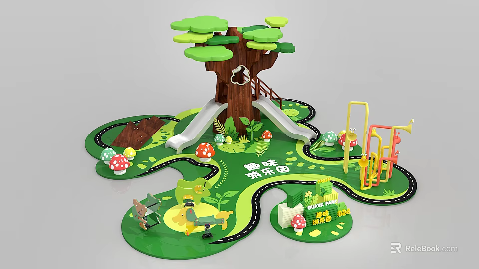 Interactive Play Area with Tree House Slide Mushrooms Paths and Animal Figures 3d model 