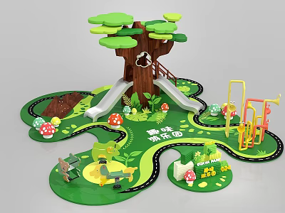 Interactive Play Area with Tree House Slide Mushrooms Paths and Animal Figures 3d model