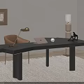 Modern Office Desk Setup Featuring Brown Armchair Brass Lamp Laptop Black Sculpture And Framed Art