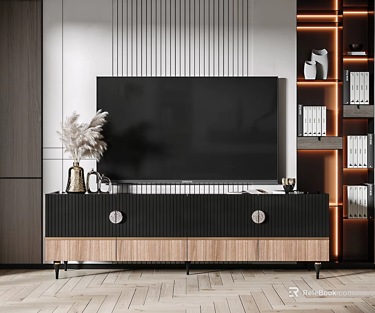 Modern Black Wooden TV Stand With Decorative Vase Ornaments Striped Wall And Illuminated Shelf 3d model 