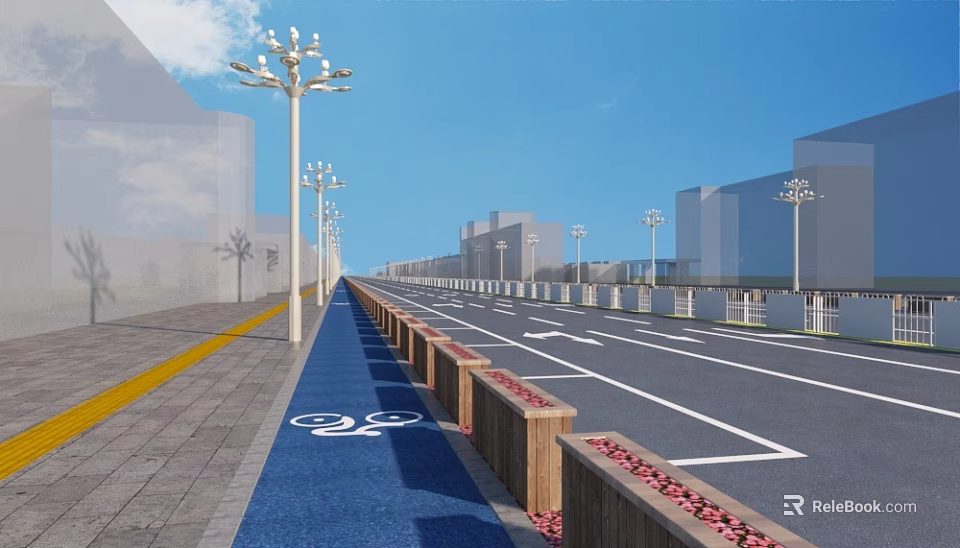 Outdoor Street Lights Along Urban Road With Bicycle Lane And Flower Beds 3d model 