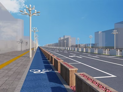 Outdoor Street Lights Along Urban Road With Bicycle Lane And Flower Beds 3d model