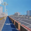 Outdoor Street Lights Along Urban Road With Bicycle Lane And Flower Beds