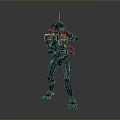 Back View Of Robot Character With Antenna And Orange Black Armor Standing Pose