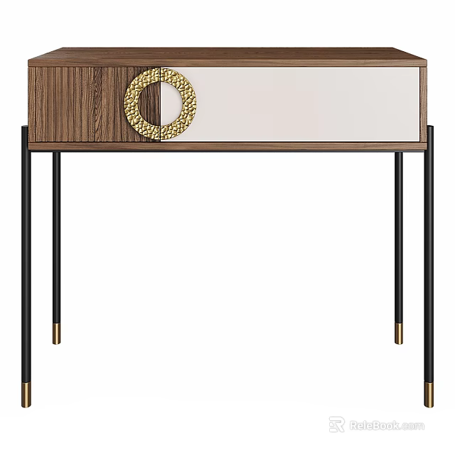 Modern Walnut Dressing Table With White Top Gold Circular Accent Black Legs 3d model 