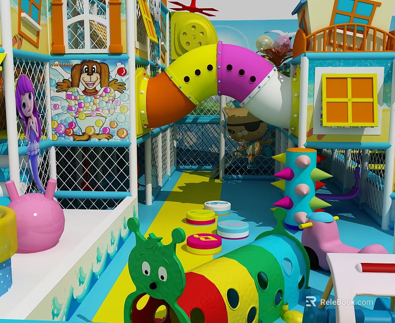 Colorful Indoor Kids Playground Equipment With Slide Climbing Structure And Cartoon Decorations 3d model 