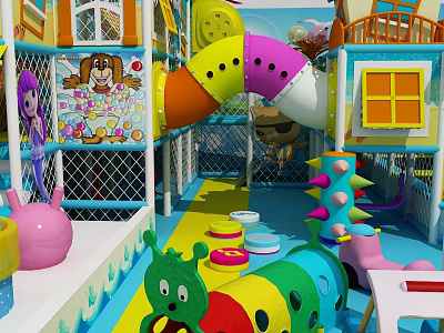 Colorful Indoor Kids Playground Equipment With Slide Climbing Structure And Cartoon Decorations 3d model