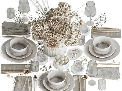 Elegant Ceramic Dinnerware Set with Plates Bowls Cups Napkins Dried Flowers and Utensils 3d model
