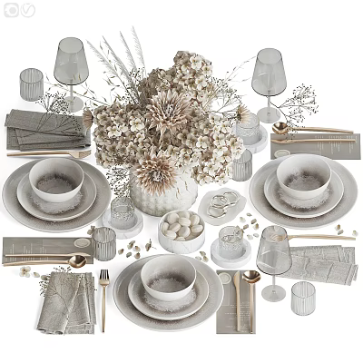 Elegant Ceramic Dinnerware Set with Plates Bowls Cups Napkins Dried Flowers and Utensils 3d model