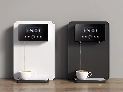 White And Black Instant Heating Water Dispensers With Digital Display And Cup On Wooden Countertop 3d model