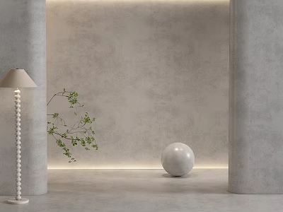 Gray Concrete Background Wall with Pillars Floor Lamp Green Plant and White Sphere 3d model