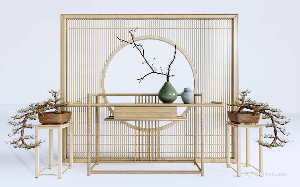 Bamboo Console Table With Circular Cutout Screen And Decorative Branches Vase Jars 3d model