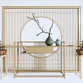 Bamboo Console Table With Circular Cutout Screen And Decorative Branches Vase Jars 3d model