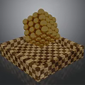 Golden Spherical Structure On Wooden Checkerboard Base With Shiny Balls