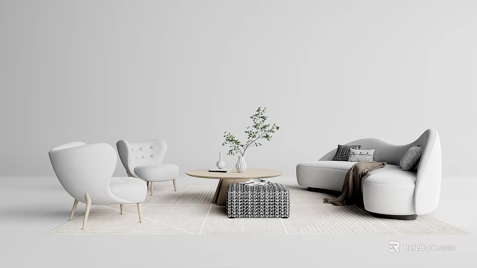 Modern Light Gray Sofa and Round Coffee Table Set With Potted Plant and Woven Ottoman 3d model 