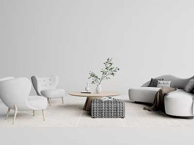 Modern Light Gray Sofa and Round Coffee Table Set With Potted Plant and Woven Ottoman 3d model