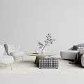 Modern Light Gray Sofa and Round Coffee Table Set With Potted Plant and Woven Ottoman
