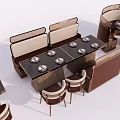 Modern Dining Table and Chair Set With Round Dark Tabletop Woven Seats and Booth Seating