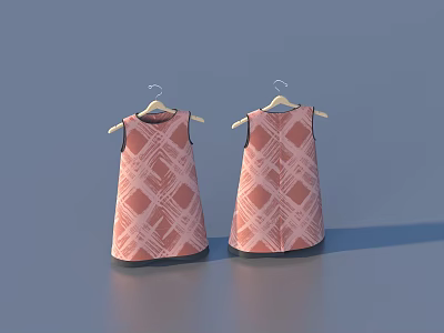 Pink Plaid Sleeveless Dresses Hanging On Hangers Against Blue Background 3d model