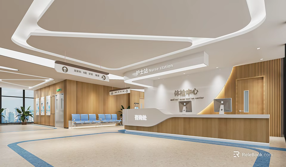 Modern Hospital Waiting Area With Infusion Center And Information Desk 3d model 