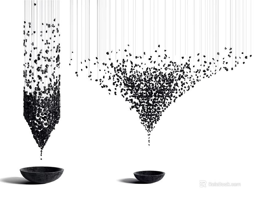 Hanging Decorations With Black Particles Suspended Above Bowl Shaped Containers 3d model 