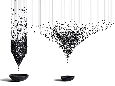 Hanging Decorations With Black Particles Suspended Above Bowl Shaped Containers 3d model