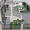 Courtyard Garden With Green Lawn Stone Path Orange Tree Yellow Seats Wooden Fence And Plants