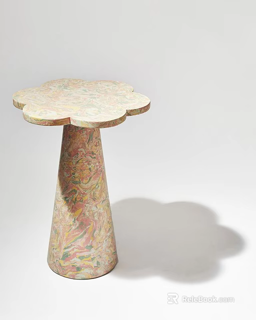 Floral Shaped Top Side Table With Colorful Marbled Pattern And Conical Base Design 3d model 