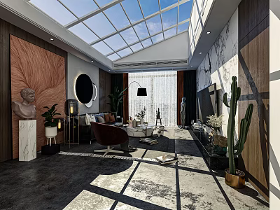 Modern Living Room Interior With Glass Skylight Wooden Walls Round Mirror And Green Plants 3d model