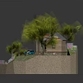 Cartoon Scenic Model Featuring Log Cabin Small Stream Green Trees And Rocks