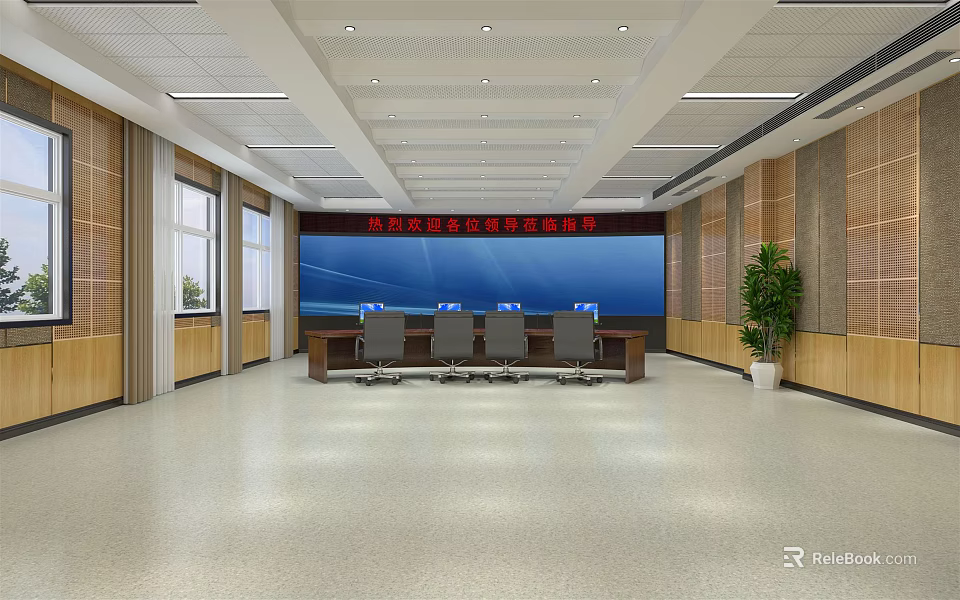 Spacious Monitoring Room Interior Design With Large Display Screen Desks Chairs Wooden Walls And Plants 3d model 