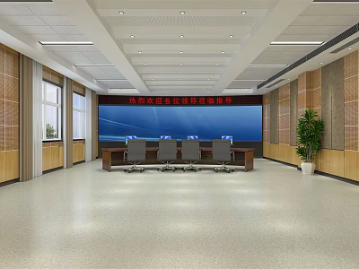Spacious Monitoring Room Interior Design With Large Display Screen Desks Chairs Wooden Walls And Plants 3d model