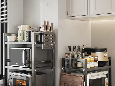Modern Kitchen Storage Shelf With Microwave Utensils Spice Bottles And Rice Cooker 3d model