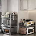 Modern Kitchen Storage Shelf With Microwave Utensils Spice Bottles And Rice Cooker