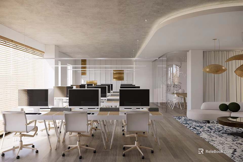 Modern Open Public Office Space With Desks Computers Ergonomic Chairs And Pendant Lights 3d model 