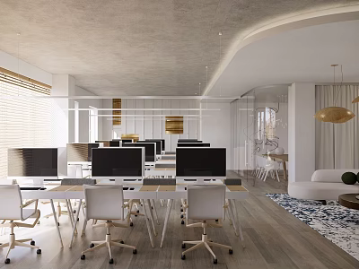 Modern Open Public Office Space With Desks Computers Ergonomic Chairs And Pendant Lights 3d model