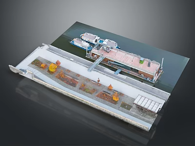Modern Riverside Pier Design With Walkway Moored Boats And Buildings 3d model