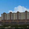Multi Storey Residential Building With Traditional Style Roof By Waterfront And Green Lawn