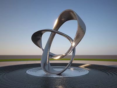 Modern Garden Landscape With Shiny Twisted Spiral Metal Sculpture In Circular Water Pool 3d model