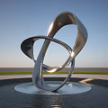 Modern Garden Landscape With Shiny Twisted Spiral Metal Sculpture In Circular Water Pool