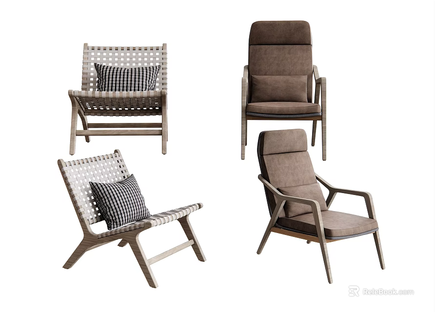 Stylish Leisure Chairs With Woven And Upholstered Designs Wooden Frames And Cushions 3d model 
