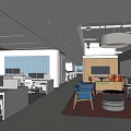 Modern Public Office Space With Open Layout Workstations Sofa Chairs And Ceiling Lighting 3d model