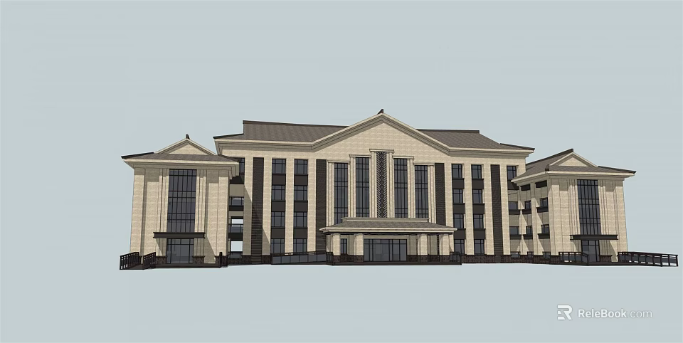 Classical Modern Office Building With Symmetrical Design Light colored Facade And Large Glass Windows 3d model 