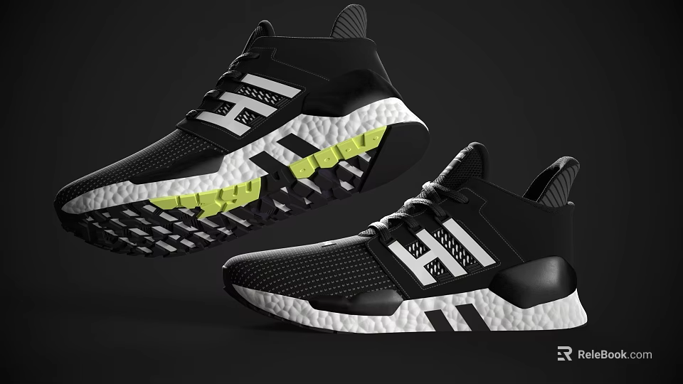 Stylish Black And White Athletic Sneakers With Neon Green Details 3d model 
