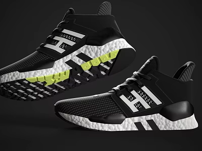 Stylish Black And White Athletic Sneakers With Neon Green Details 3d model