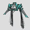 Teal Ornate Fashion Outfit With Wing Like Decorations Geometric Patterns And Transparent Flowing Sleeves